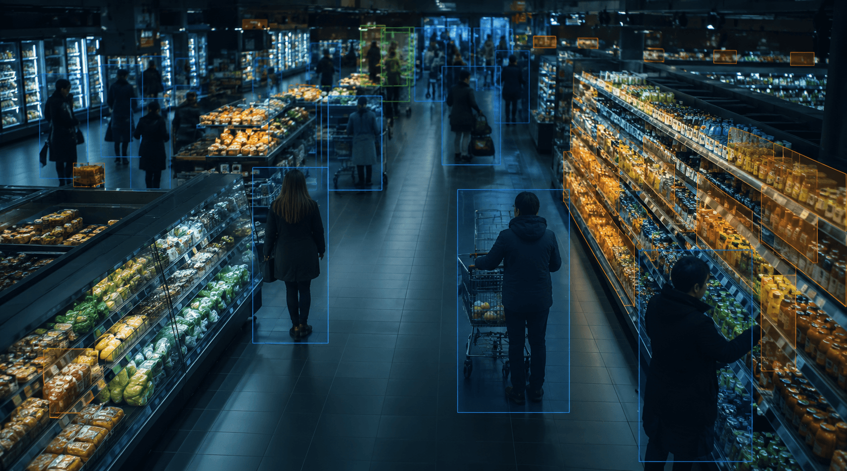 AI-assisted retail operations with shoppers and shelf inventory highlighted in a supermarket aisle